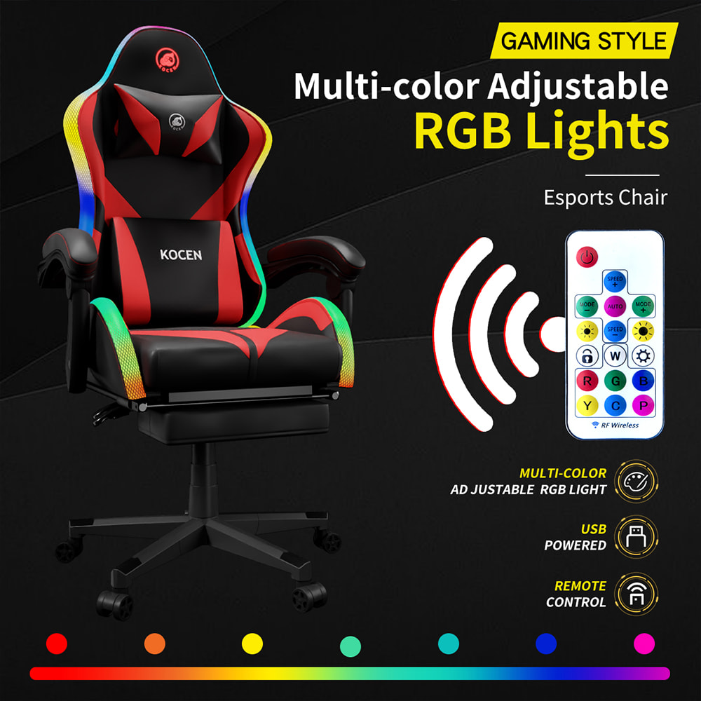 PUレザーファブリックゲーミングチェア、マルチカラー調整可能なRGBライト付きEスポーツチェア、USB電源、リモコン付き